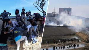 MEXICO: Migrantes intentan cruzar muro y reciben gas lacrimógeno MEXICO: Migrantes intentan cruzar muro y reciben gas lacrimógeno