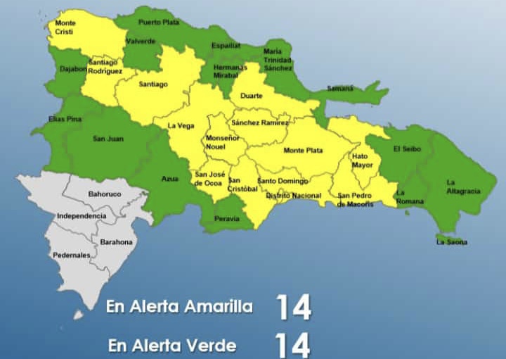 22 provincias dominicanas con alertas y avisos meteorológicos