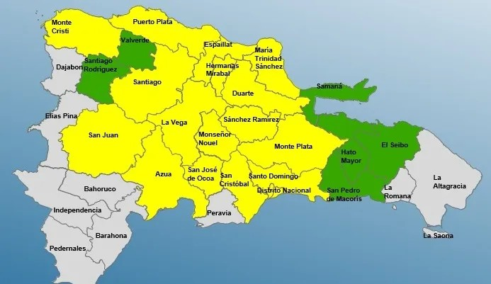 17 provincias en alerta amarilla y seis en verde debido a aguaceros
