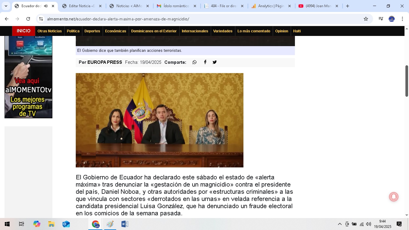 Ecuador declara alerta máxima ante «amenaza de magnicidio» imagen