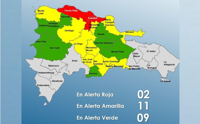 2 provincias en alerta roja, 11 en amarilla y 9 en verde en RD